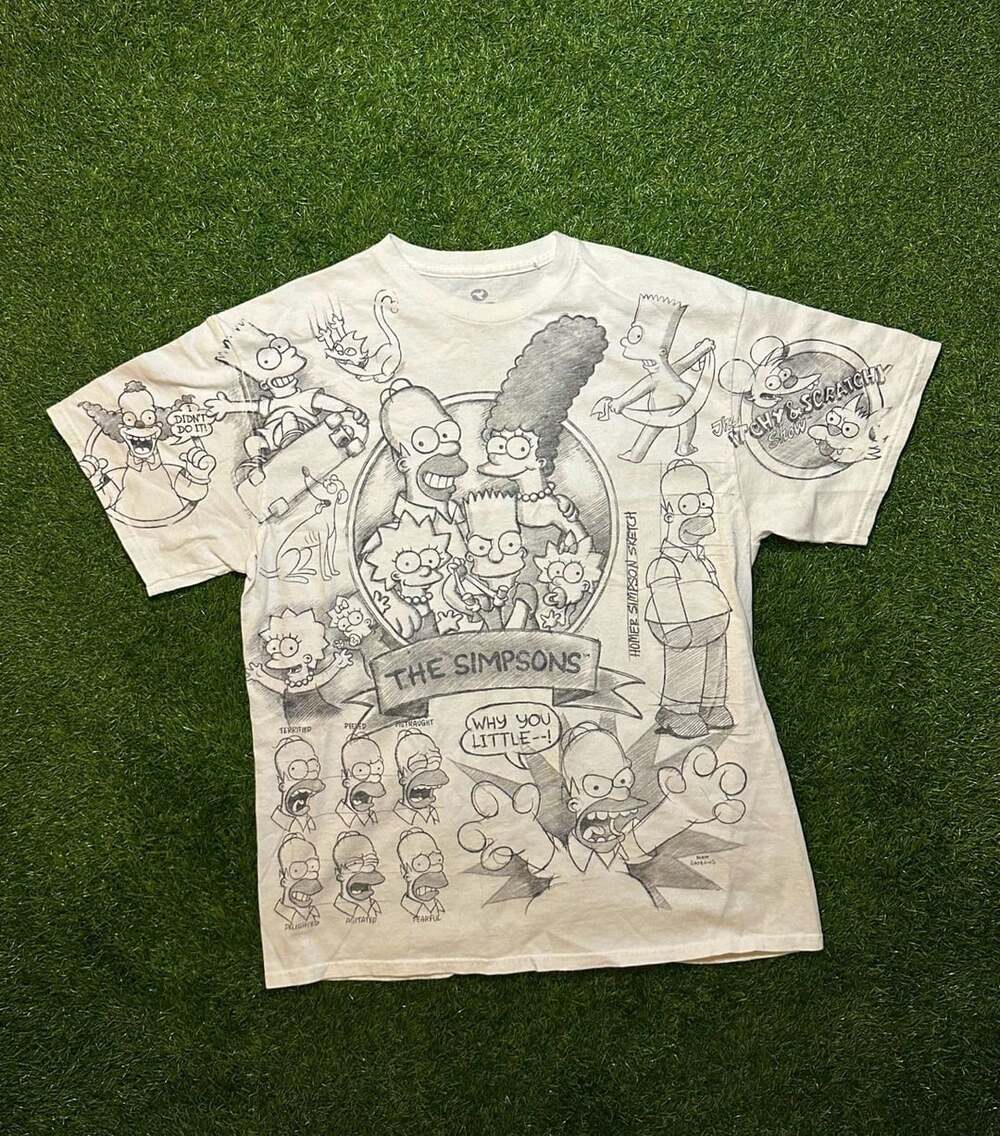 Y2K Liquid Blue The Simpsons Sketch Size Large White T-Shirt